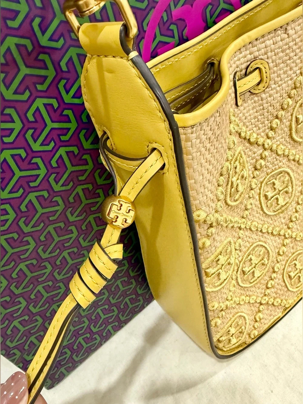 T Monogram Bell Straw Shoulder Bag